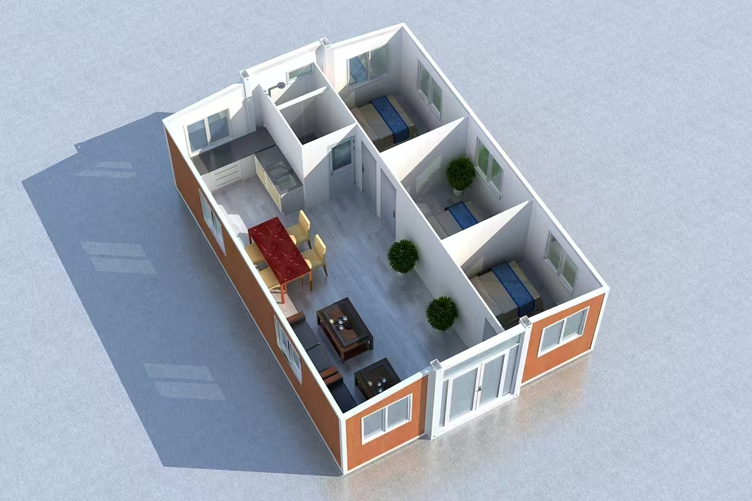Three-dimensional reference layout with three bedrooms, bathroom, kitchen and living space