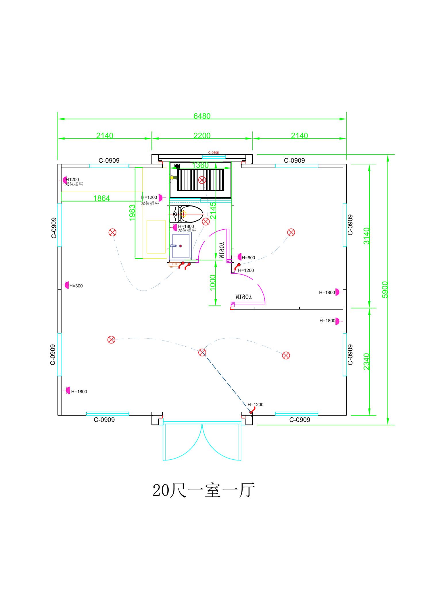 Reference floor plan for a 20 foot expandable house with one bedroom and living area