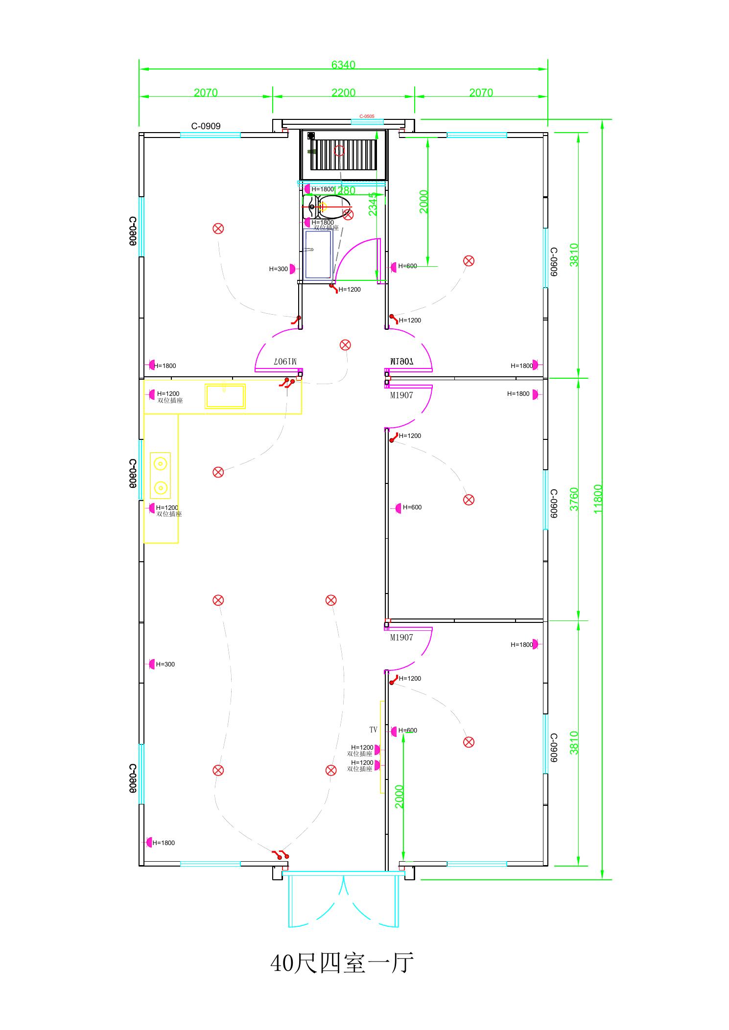 Reference floor plan for a 40 foot expandable house with four bedrooms and a living area
